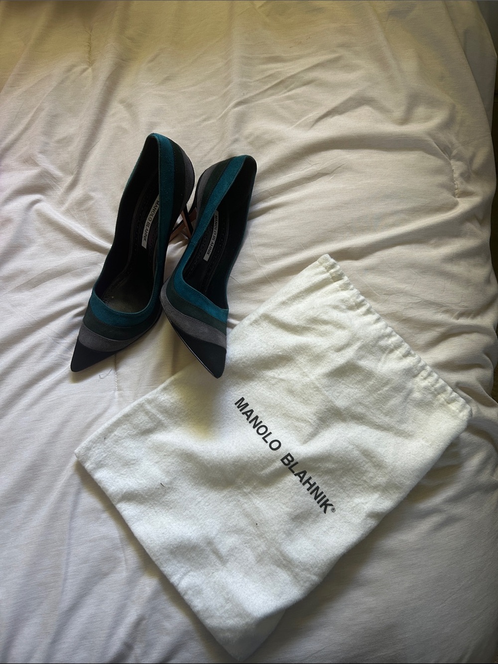 Manolo Blahnik Teal, Gray & Black Pointed Toe Pumps